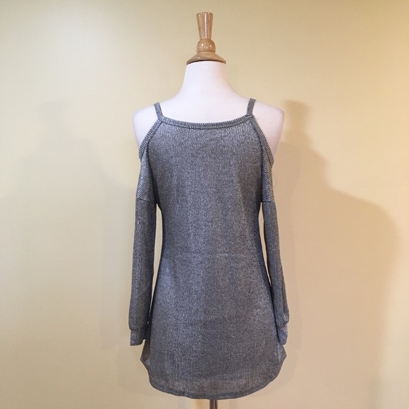Cold Shoulder High Low Long Sleeve Metallic Silver Knit Top - Picture 6 of 6